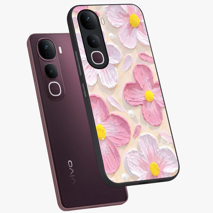 Blush Bloom Texture Glass Case displayed in angled mockup highlighting subtle bloom pattern with aesthetic pastel design.