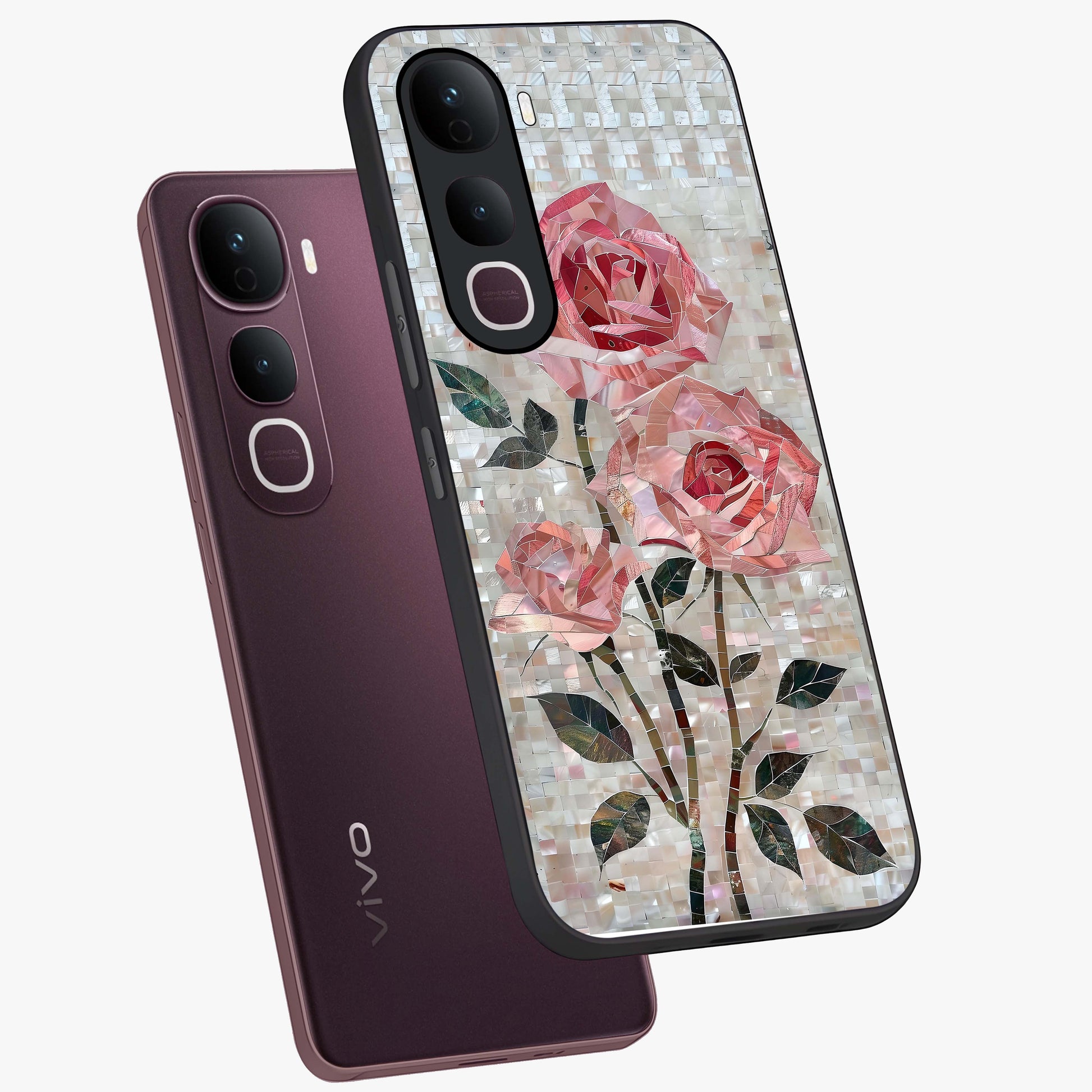 Blush Mosaic Bloom Glass Case displayed in angled mockup highlighting artistic mosaic flower pattern with aesthetic design.