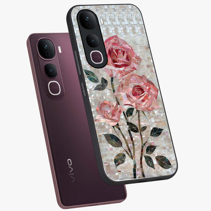 Blush Mosaic Bloom Glass Case displayed in angled mockup highlighting artistic mosaic flower pattern with aesthetic design.