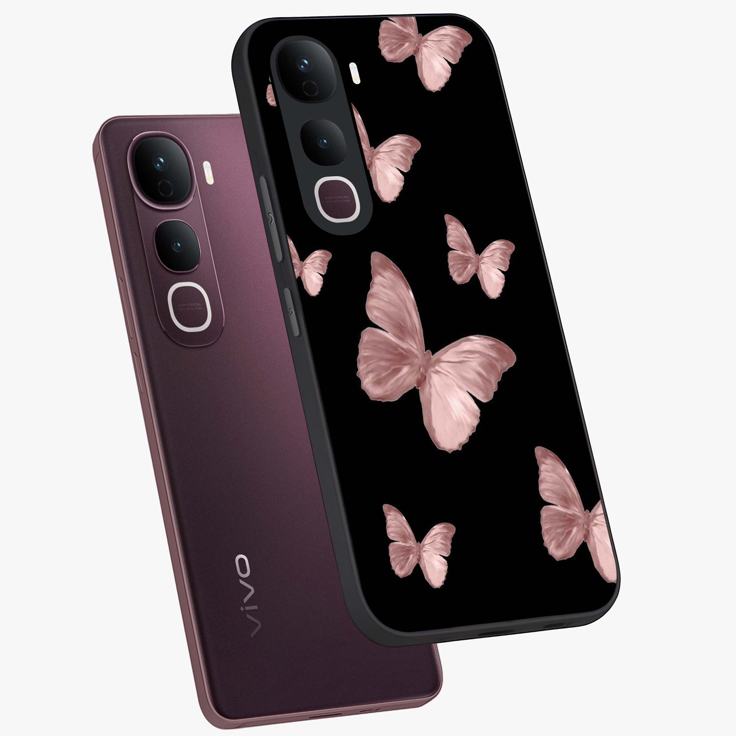 Butterfly Pattern Glass Case displayed in angled mockup highlighting delicate butterfly design and aesthetic pattern style.
