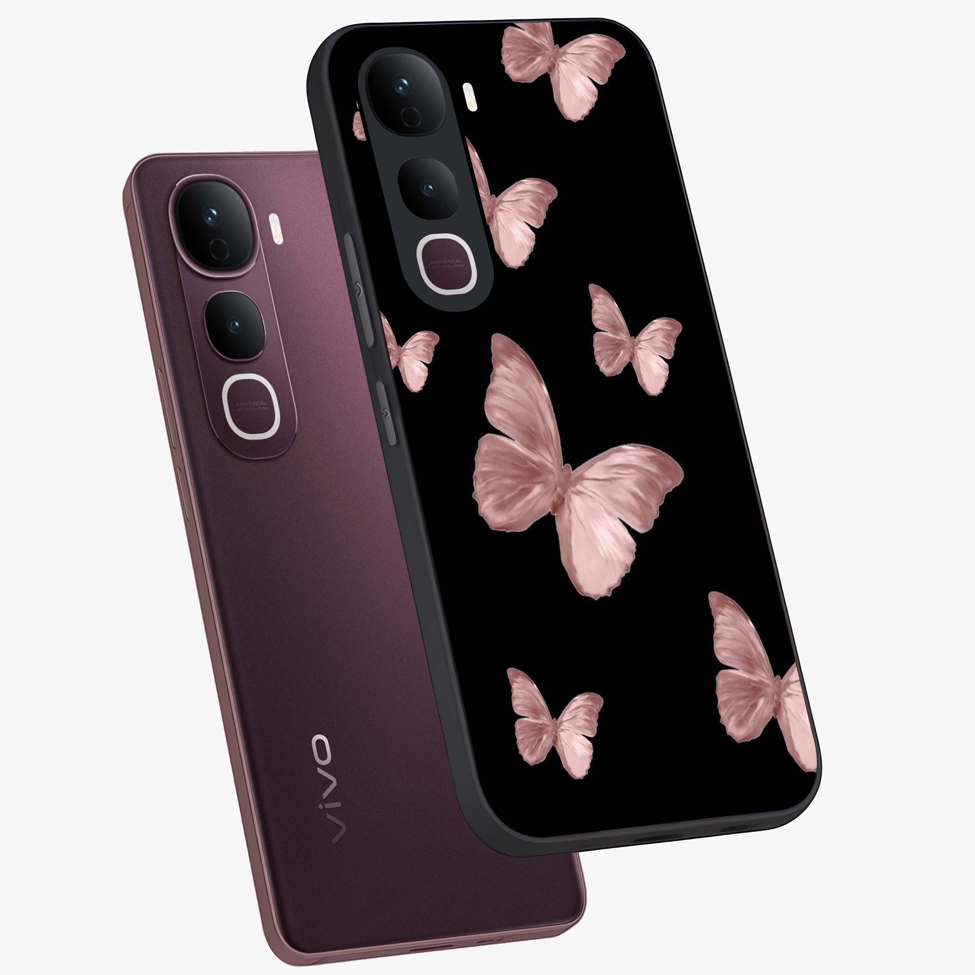 Butterfly Pattern Glass Case displayed in angled mockup highlighting delicate butterfly design and aesthetic pattern style.