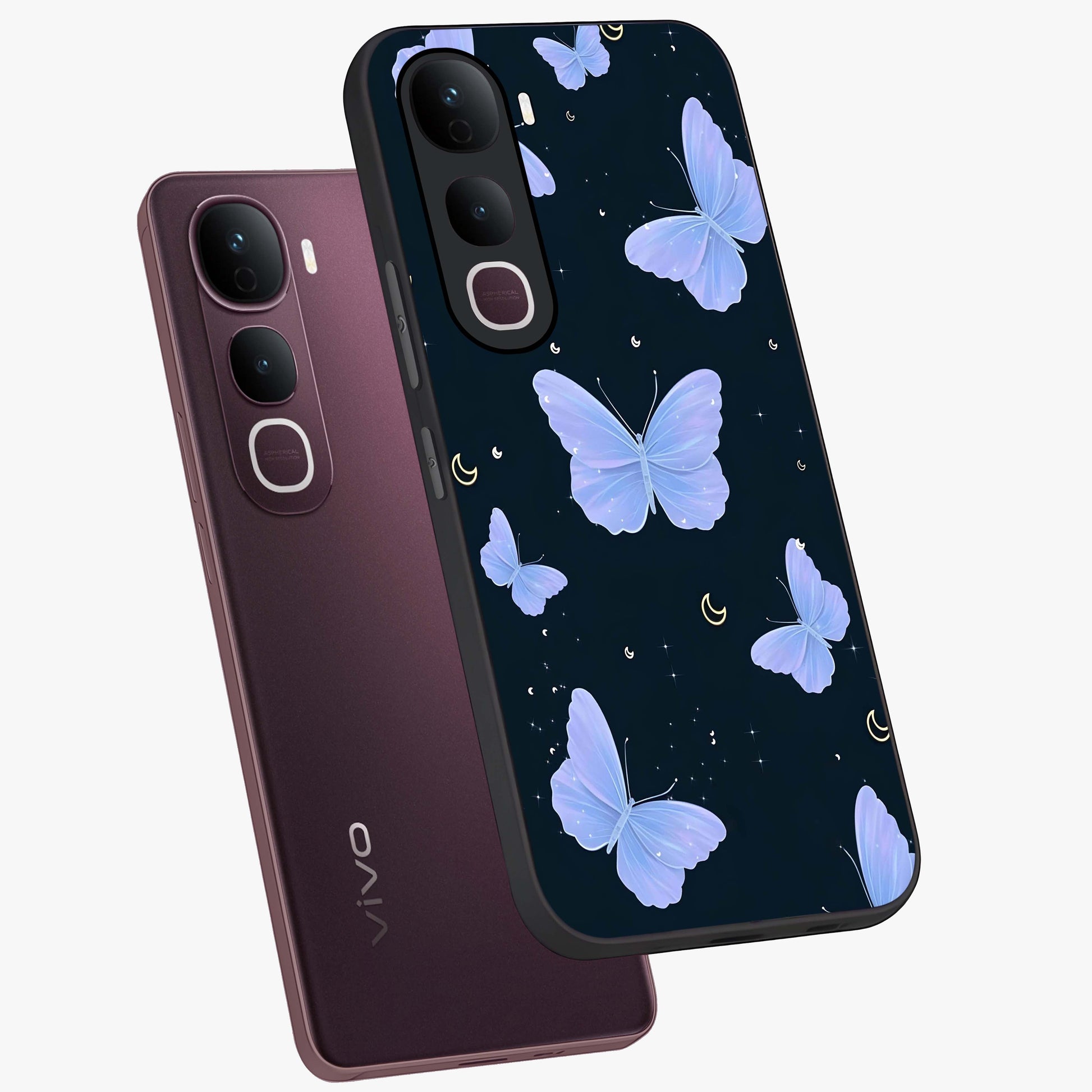 Butterfly With Stars Pattern Glass Case displayed in angled mockup highlighting dreamy butterfly and star design with aesthetic theme.