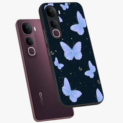 Butterfly With Stars Pattern Glass Case displayed in angled mockup highlighting dreamy butterfly and star design with aesthetic theme.