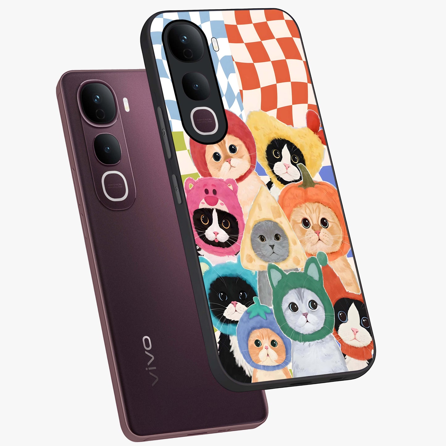 Cats in Fruits Glass Case displayed in angled mockup highlighting cute feline fruit design with colorful aesthetic style.