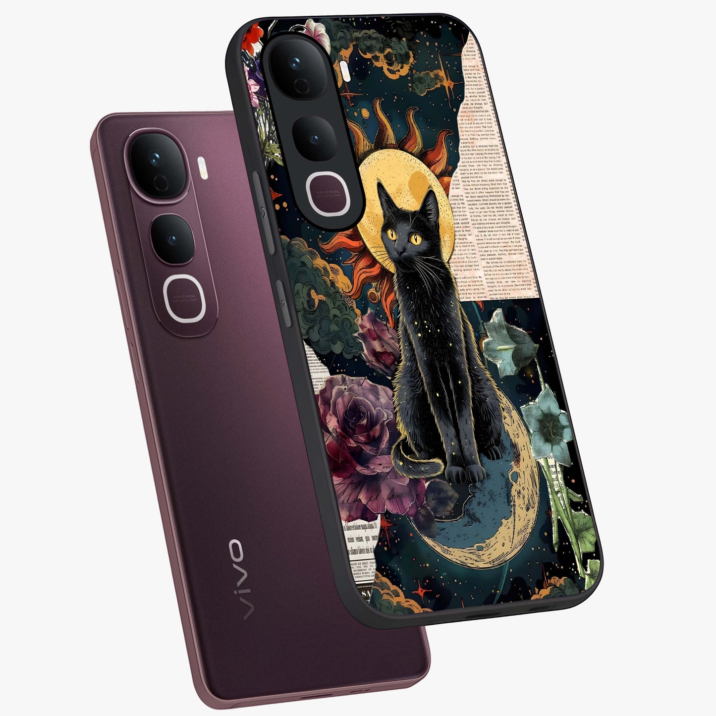 Celestial Black Cat Glass Case displayed in angled mockup highlighting cosmic black cat design with celestial aesthetic.