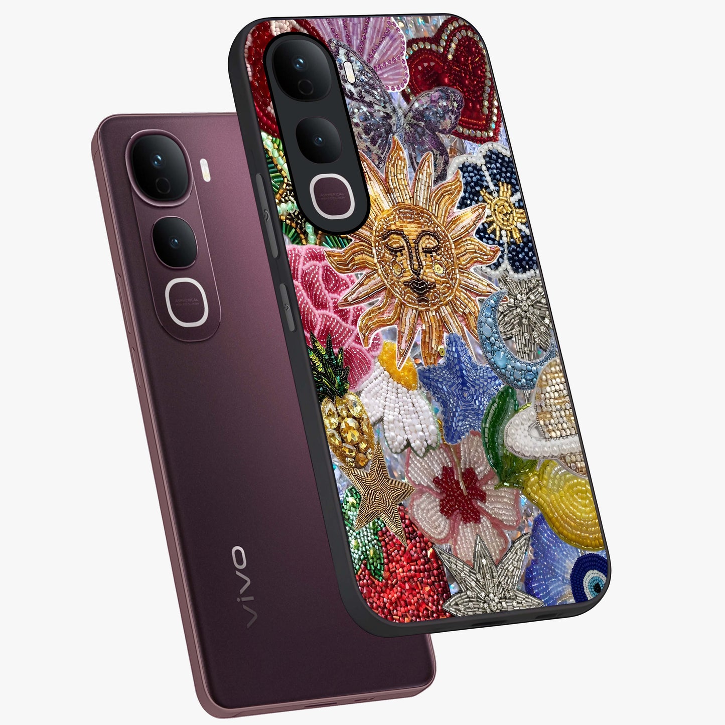 Celestial Floral and Playful Glass Case displayed in angled mockup highlighting playful floral design with dreamy celestial elements.