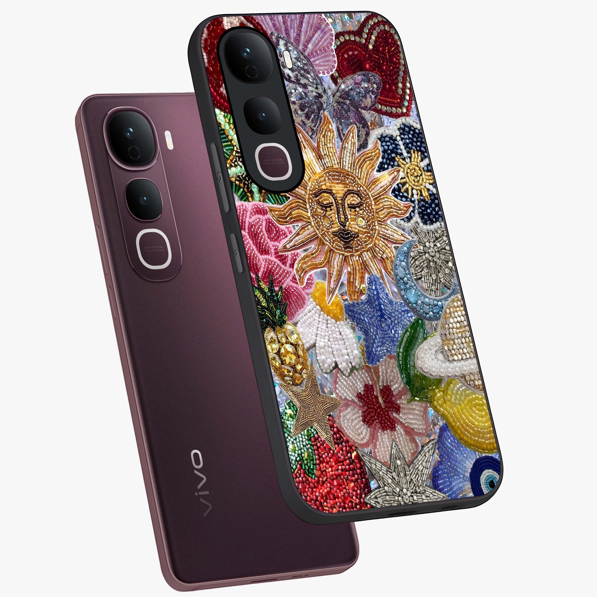 Celestial Floral and Playful Glass Case displayed in angled mockup highlighting playful floral design with dreamy celestial elements.