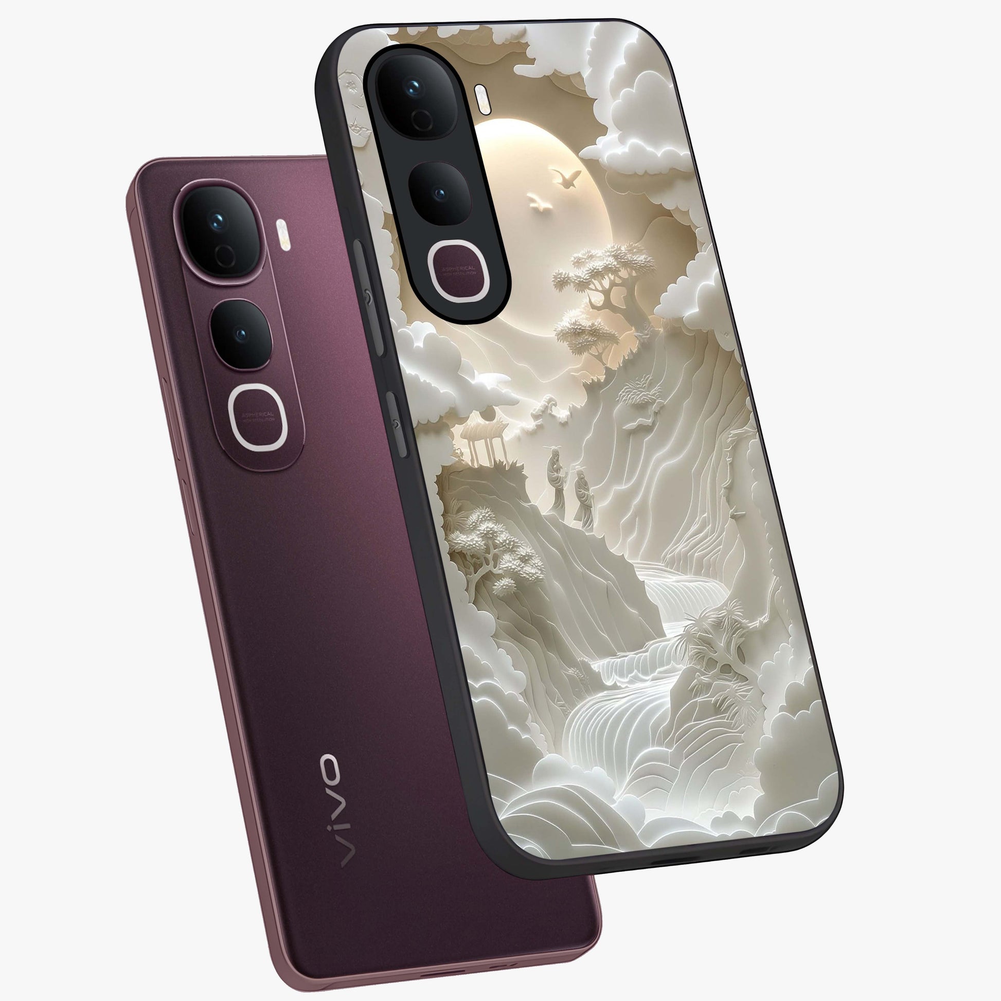 Celestial Origami Glass Case displayed in angled mockup highlighting geometric origami design with cosmic aesthetic theme.