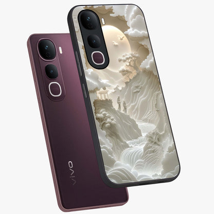 Celestial Origami Glass Case displayed in angled mockup highlighting geometric origami design with cosmic aesthetic theme.