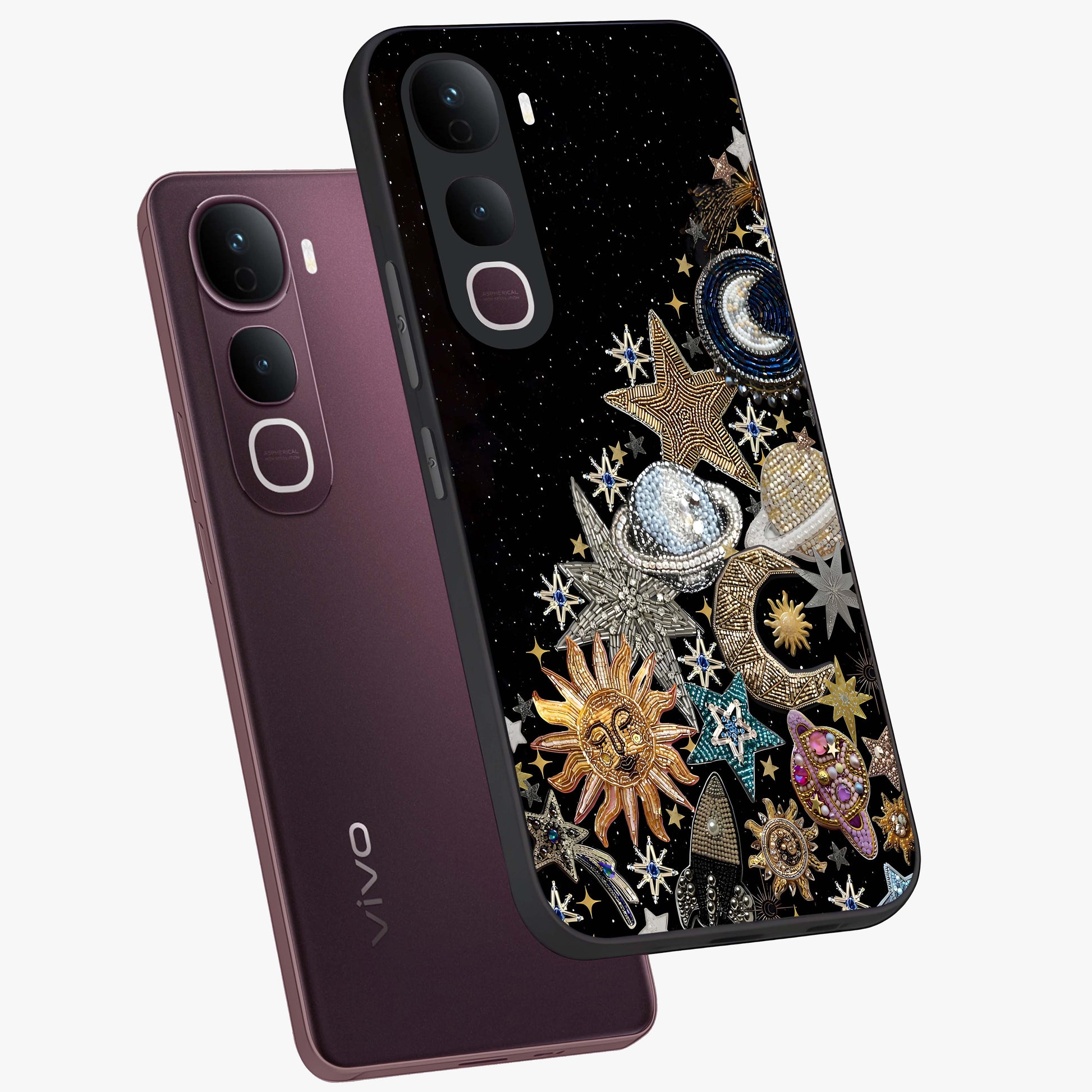 Cosmic Sparkle Dreams Glass Case displayed in angled mockup highlighting dreamy star sparkle design with celestial aesthetic.
