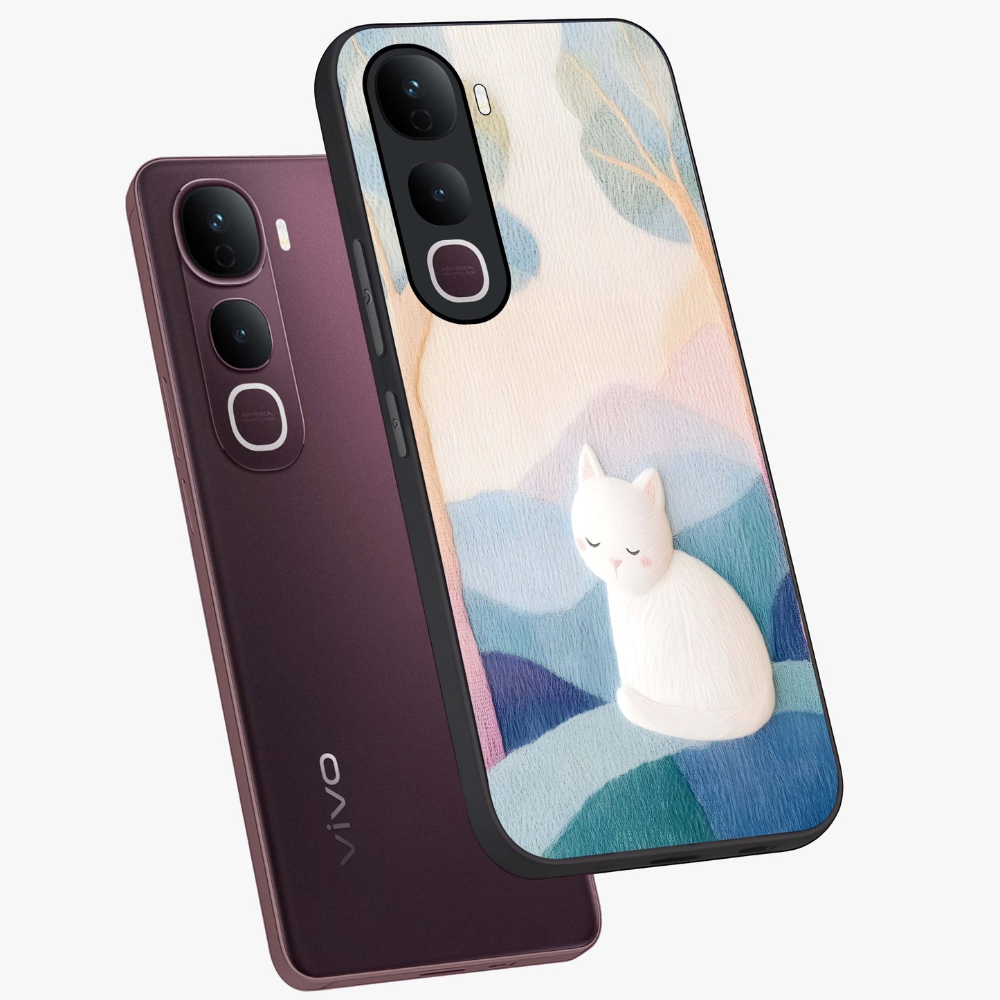 Cotton Dream Cat Glass Case displayed in angled mockup highlighting cute feline illustration with pastel aesthetic style.
