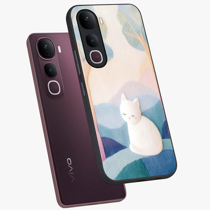 Cotton Dream Cat Glass Case displayed in angled mockup highlighting cute feline illustration with pastel aesthetic style.