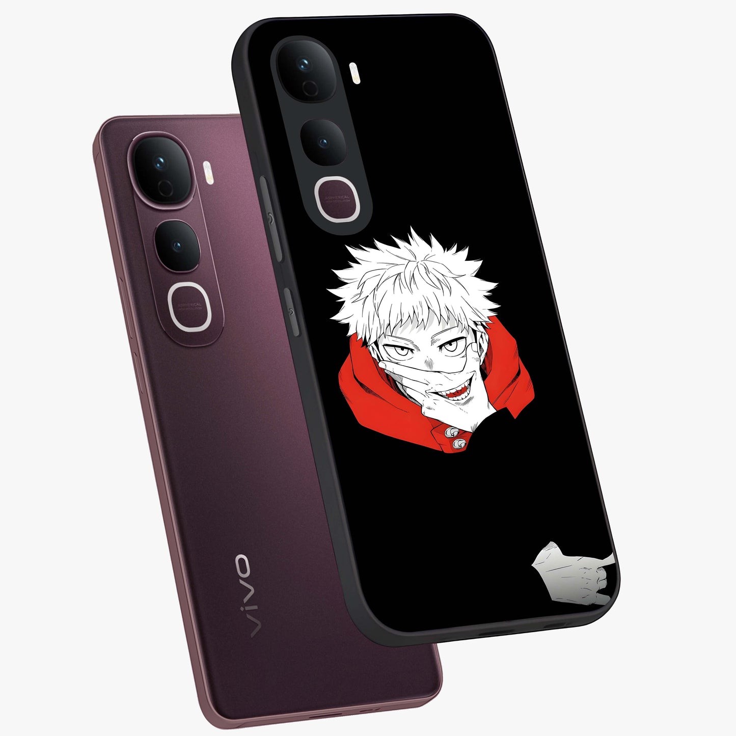 Crimson Chaos Smile Glass Case displayed in angled mockup highlighting edgy crimson smile design with graphic aesthetic.
