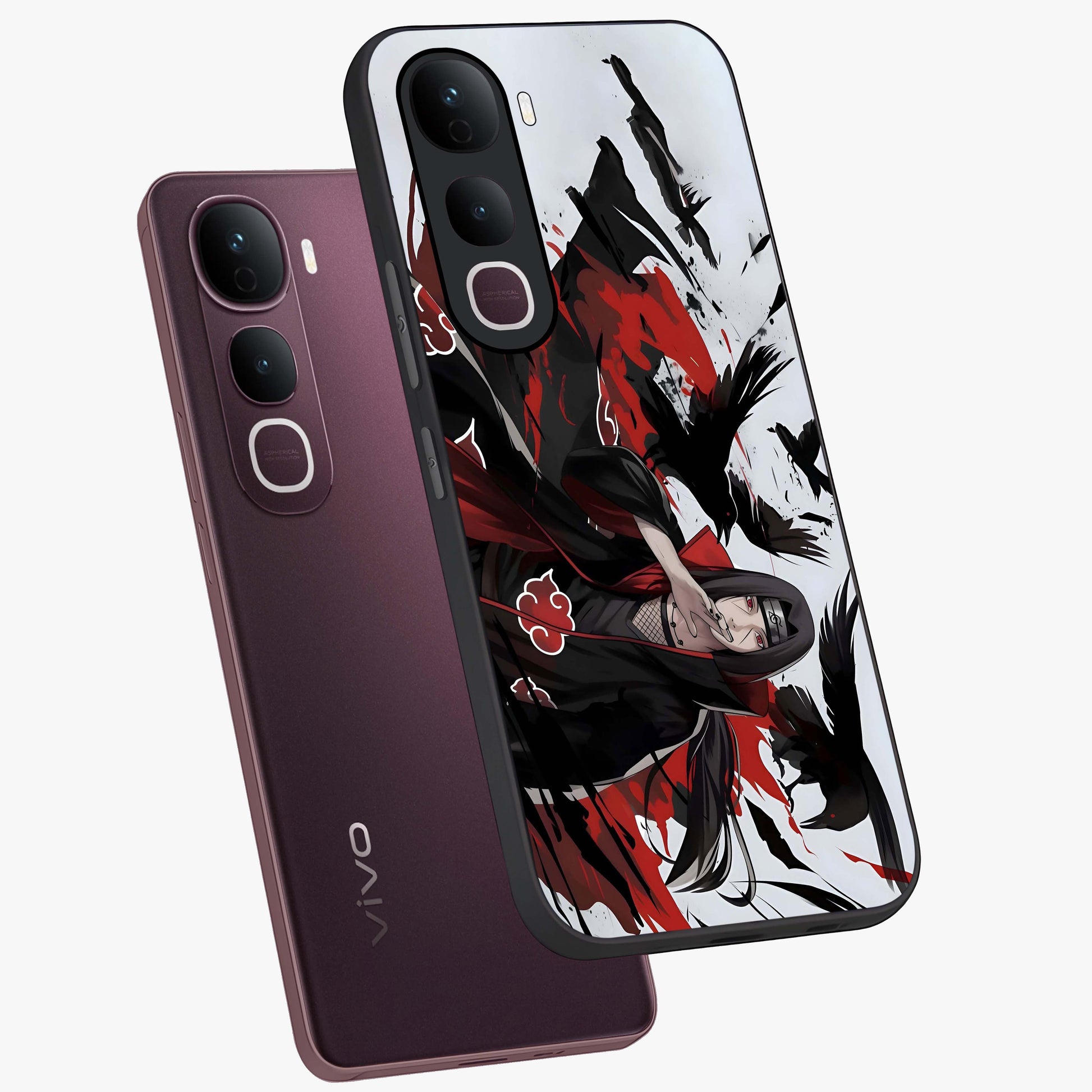 Crimson Crow Illusion Glass Case displayed in angled mockup highlighting mysterious crow graphic with dark aesthetic style.