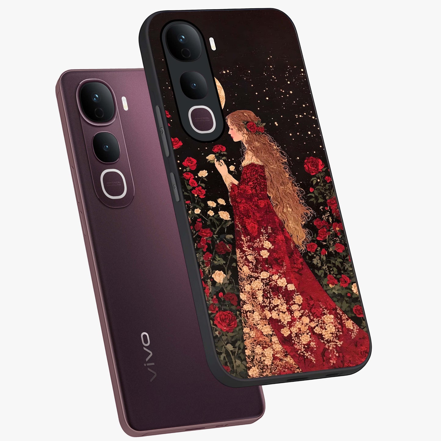 Crimson Dreams Glass Case displayed in angled mockup highlighting soft crimson aesthetic design with artistic theme.