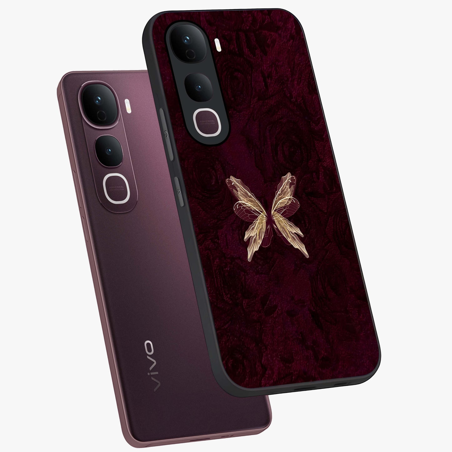 Crimson Fade Butterfly Glass Case displayed in angled mockup highlighting elegant butterfly design with crimson gradient aesthetic.