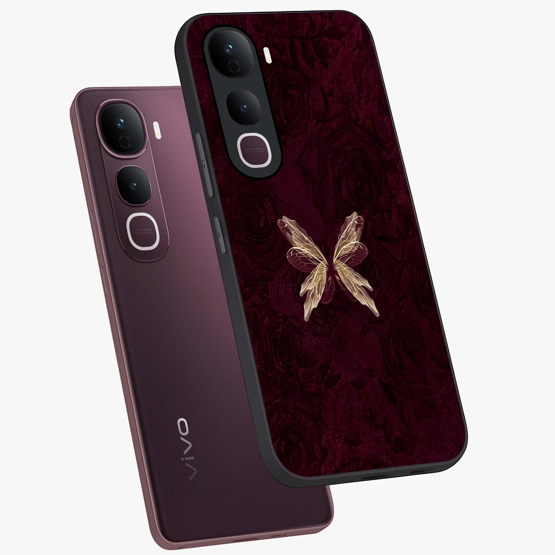 Crimson Fade Butterfly Glass Case displayed in angled mockup highlighting elegant butterfly design with crimson gradient aesthetic.