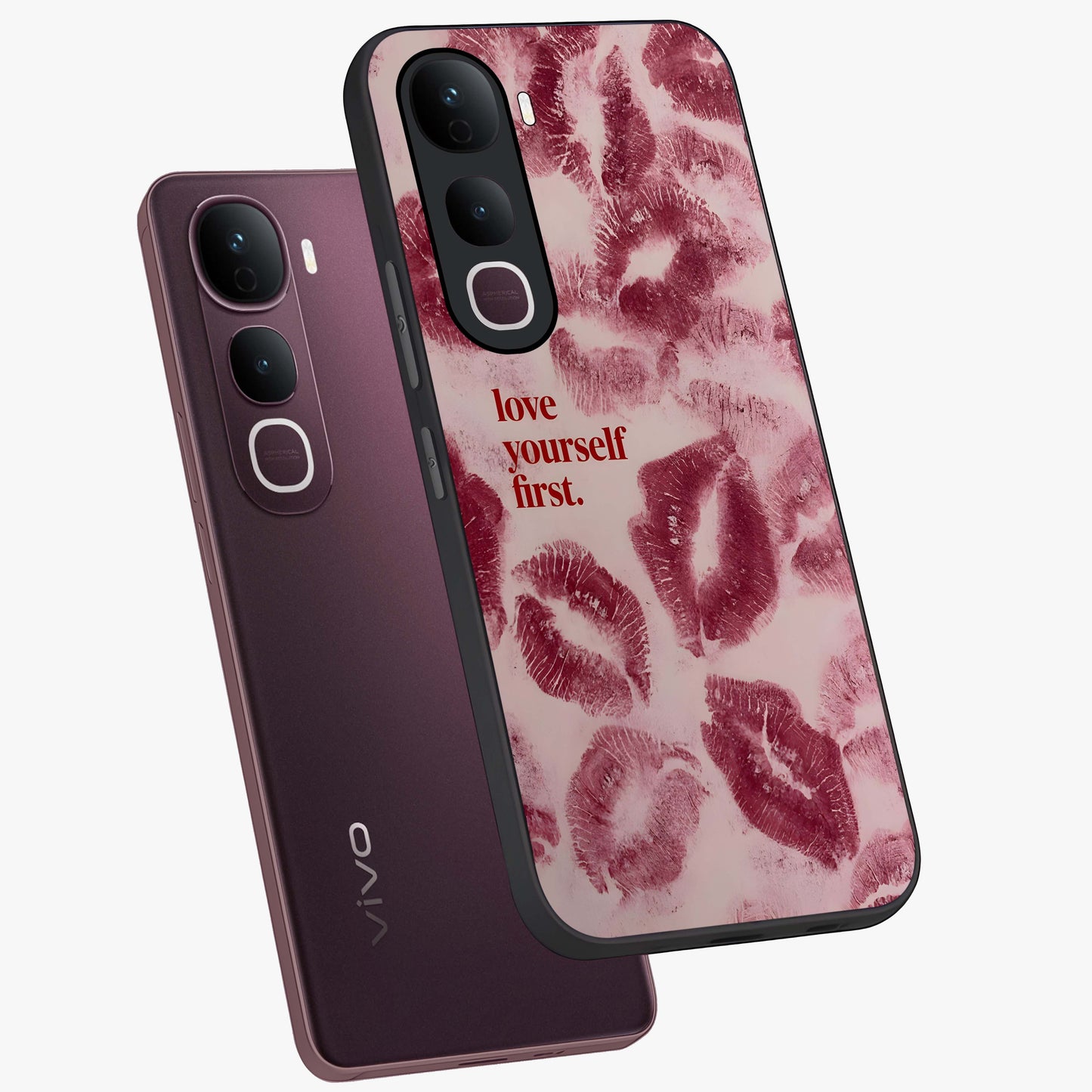Crimson Kiss Love Glass Case displayed in angled mockup highlighting bold love inspired design with modern aesthetic style.