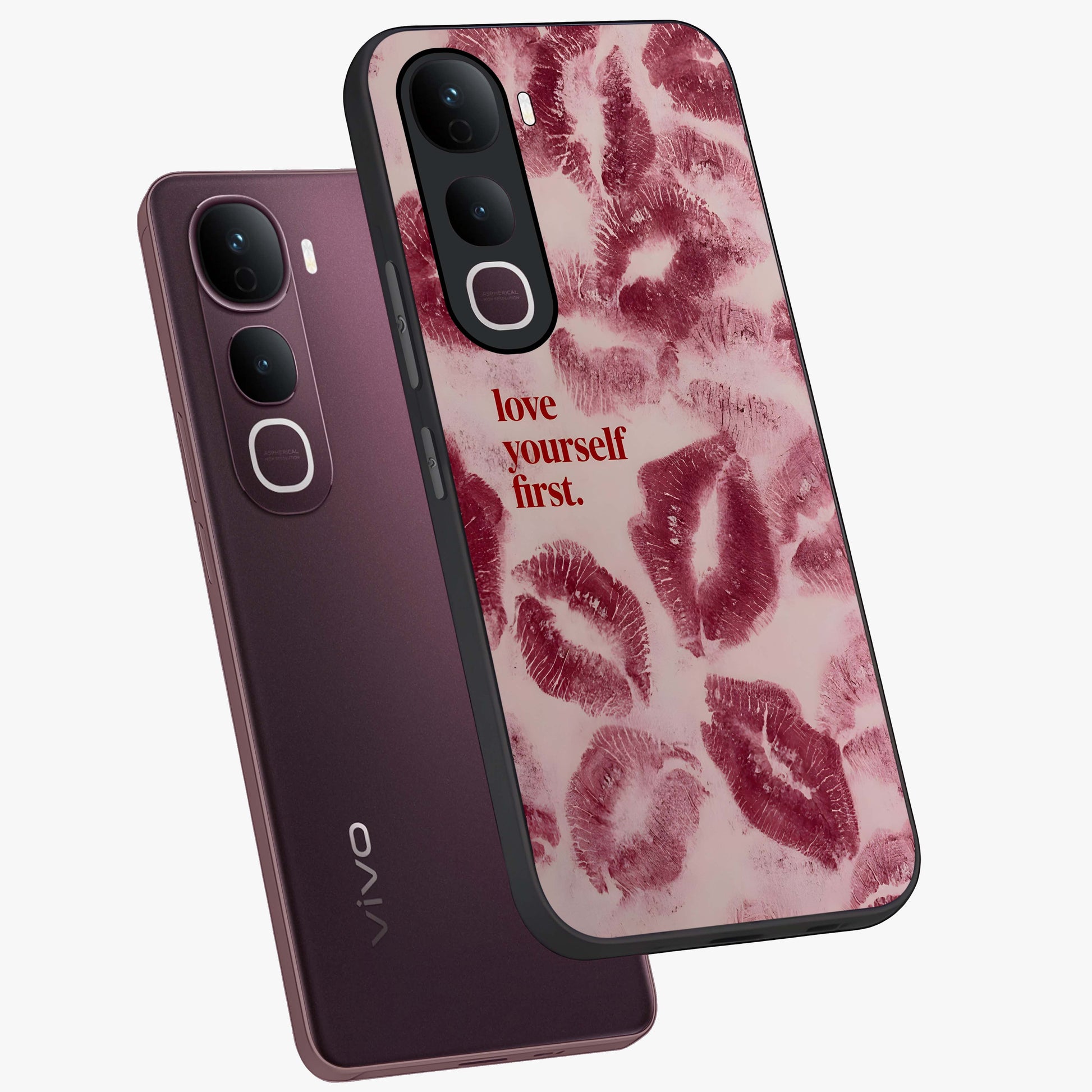 Crimson Kiss Love Glass Case displayed in angled mockup highlighting bold love inspired design with modern aesthetic style.