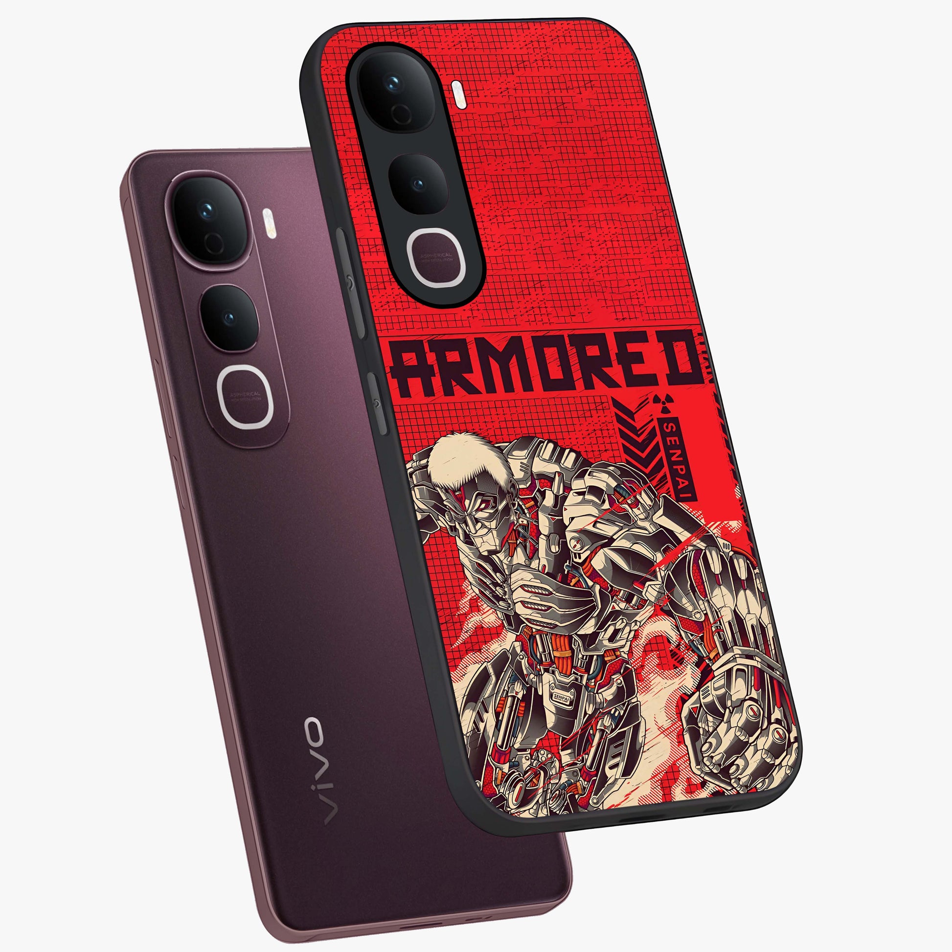 Crimson Mecha Titan Glass Case displayed in angled mockup highlighting futuristic mech illustration with bold crimson aesthetic.