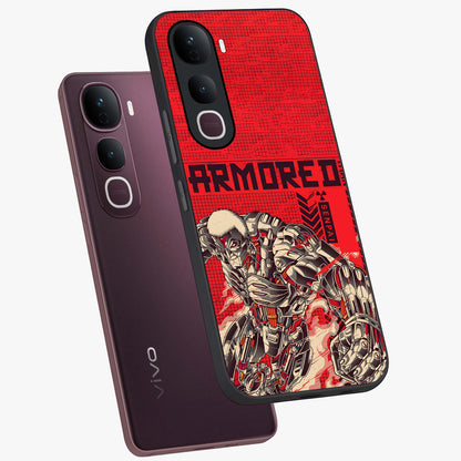 Crimson Mecha Titan Glass Case displayed in angled mockup highlighting futuristic mech illustration with bold crimson aesthetic.