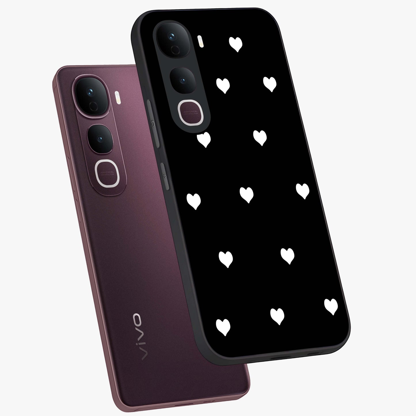 Cute And Simple White Hearts Glass Case displayed in angled mockup highlighting cute heart design with clean aesthetic style.