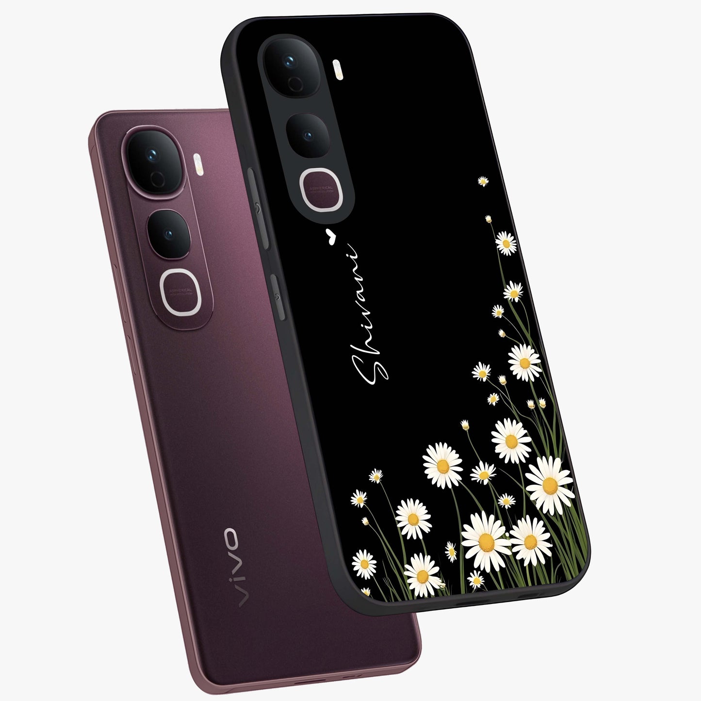 Daisy Cascade Custom Name Glass Case displayed in angled mockup highlighting delicate daisy artwork with custom name feature.