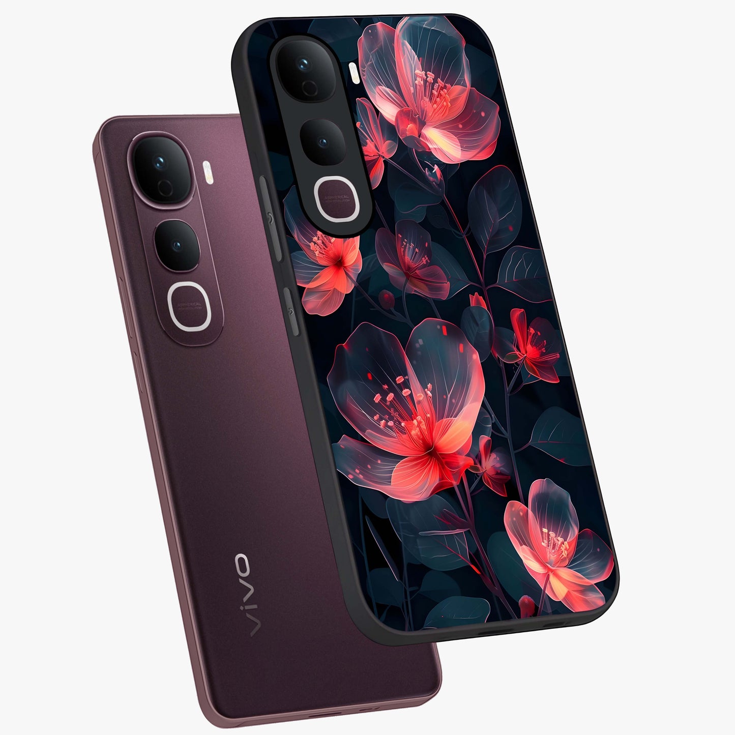 Dark Shade of Flower Glass Case displayed in angled mockup highlighting moody floral illustration with aesthetic dark tones.