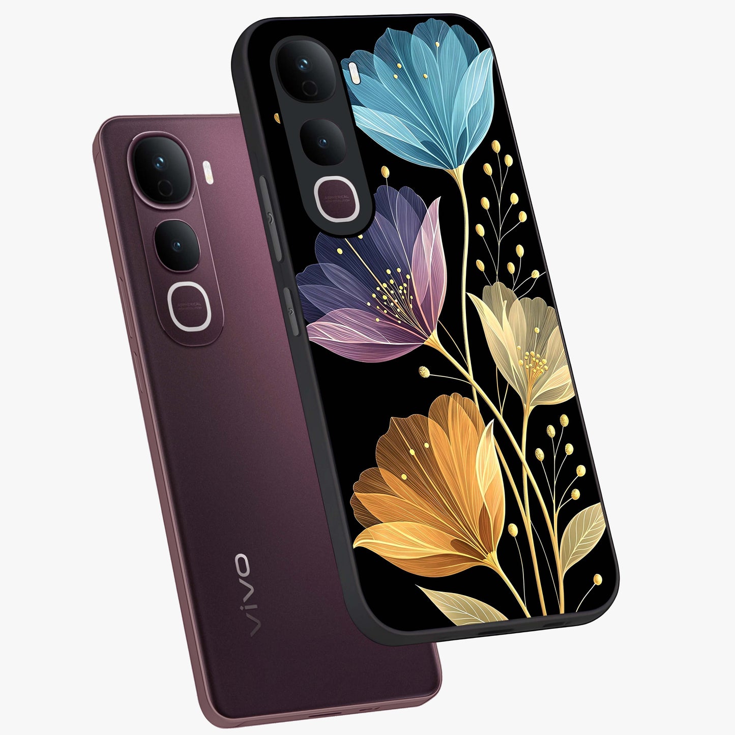 Delicate Multicolor Flowers Glass Case displayed in angled mockup highlighting colorful flower pattern with soft aesthetic style.