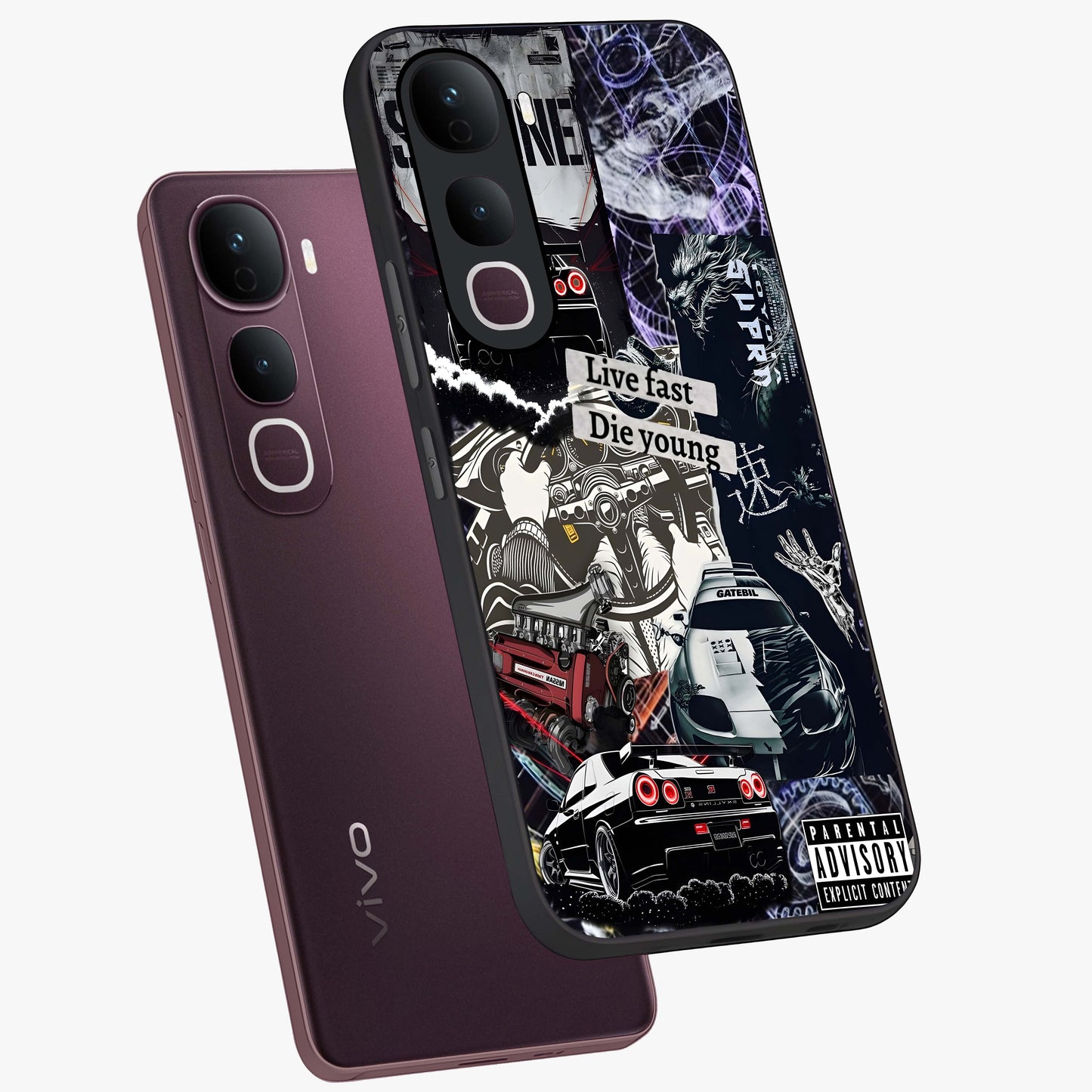 Die Young Glass Case displayed in angled mockup highlighting expressive graphic artwork with edgy aesthetic style.