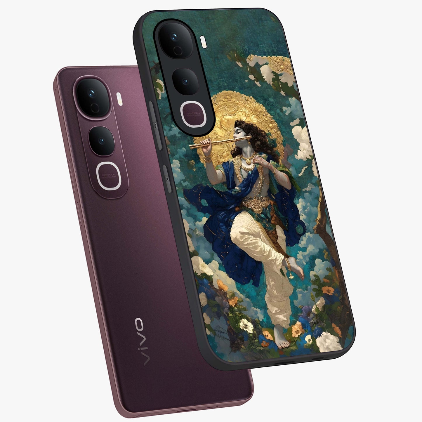 Divine Krishna Art Glass Case displayed in angled mockup highlighting spiritual Krishna illustration with devotional aesthetic.