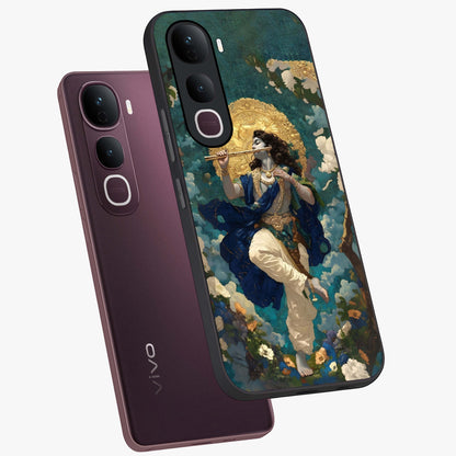 Divine Krishna Art Glass Case displayed in angled mockup highlighting spiritual Krishna illustration with devotional aesthetic.