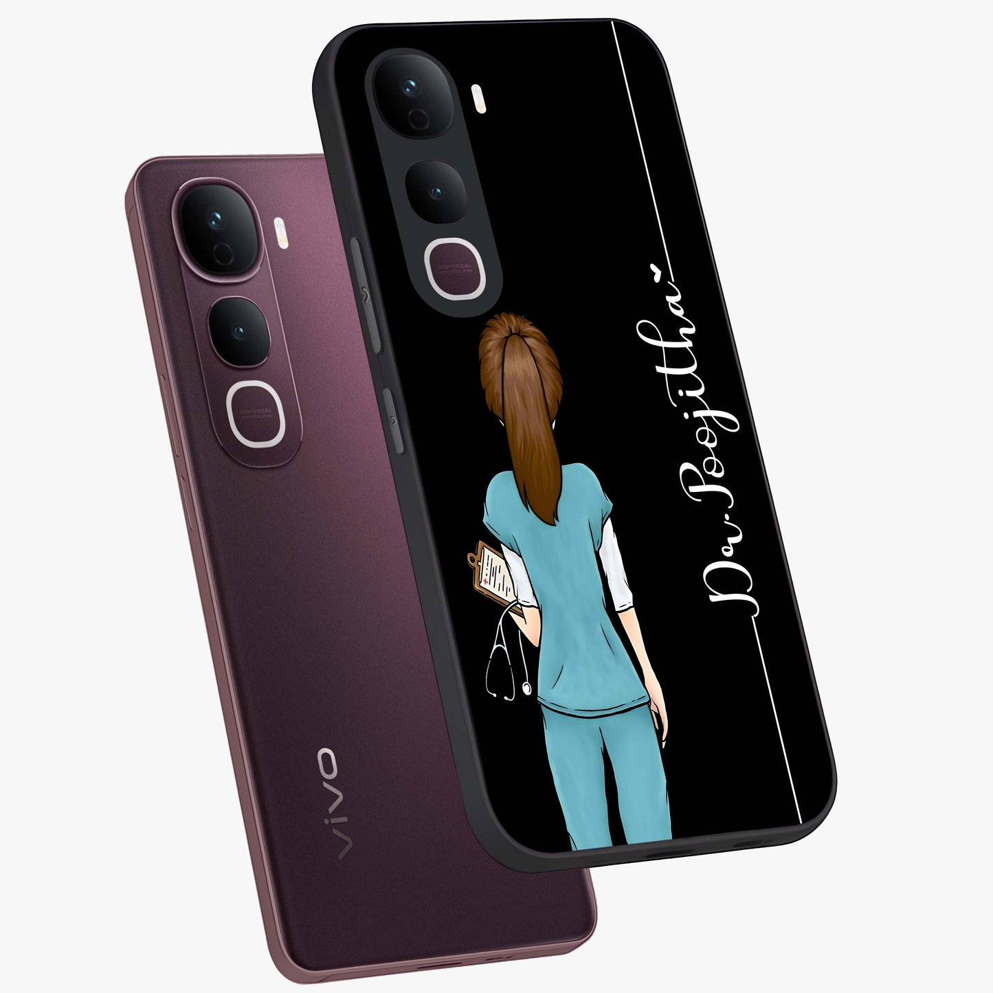 Doctor Pattern Custom Name Glass Case displayed in angled mockup highlighting doctor inspired artwork with custom name feature.