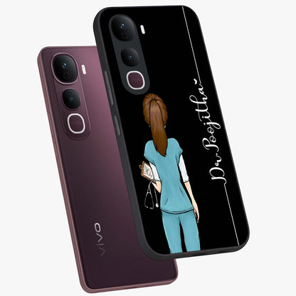 Doctor Pattern Custom Name Glass Case displayed in angled mockup highlighting doctor inspired artwork with custom name feature.