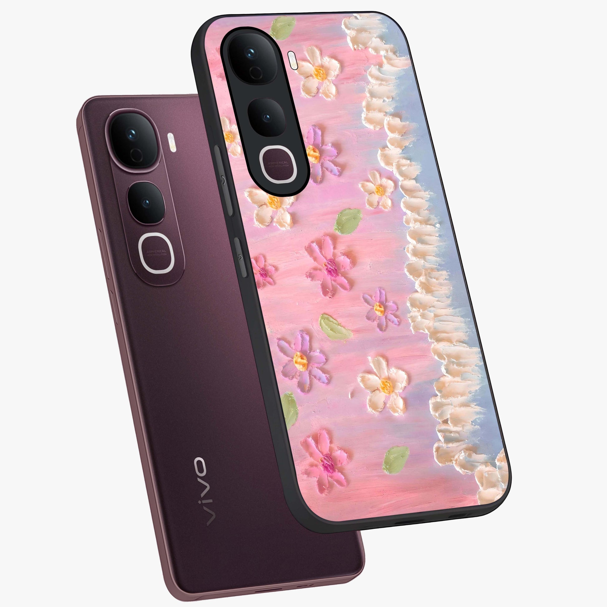 Dreamy Painted Garden Glass Case displayed in angled mockup highlighting colorful garden illustration with dreamy aesthetic style.