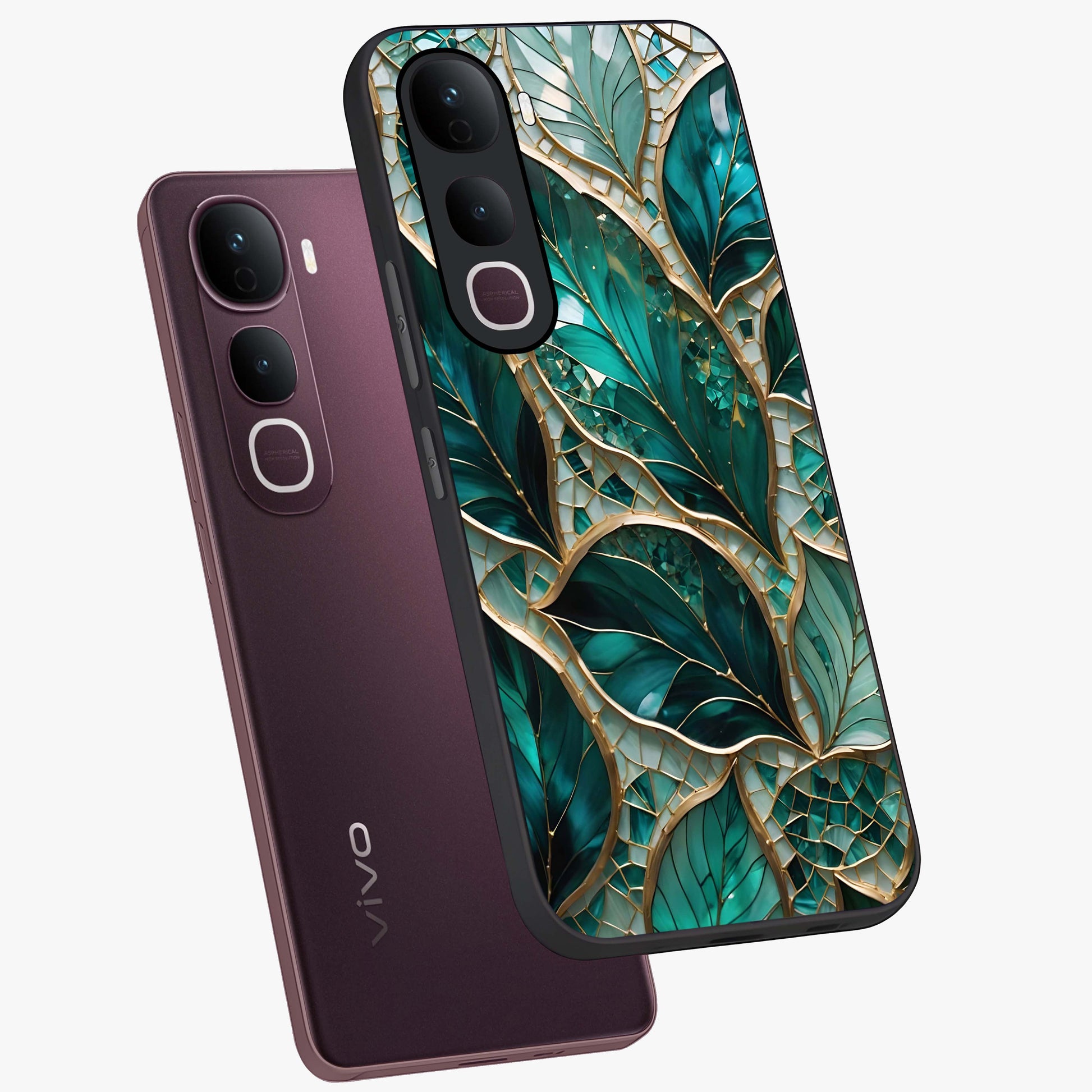 Emerald Leaf Glass Glass Case displayed in angled mockup highlighting botanical leaf illustration with elegant natural aesthetic.