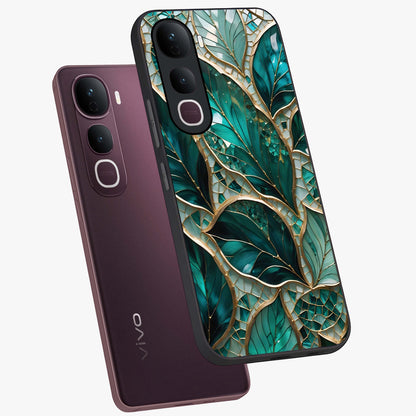 Emerald Leaf Glass Glass Case displayed in angled mockup highlighting botanical leaf illustration with elegant natural aesthetic.
