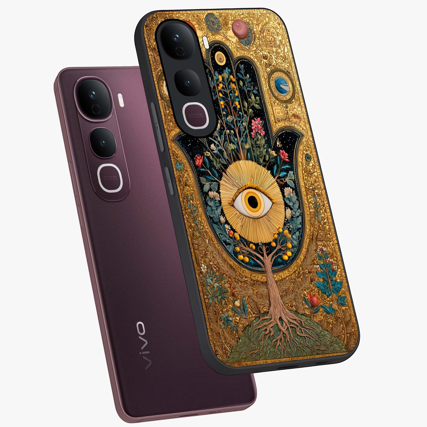 Ethereal Evil Eye Glass Case displayed in angled mockup highlighting protective evil eye symbol with spiritual aesthetic design.