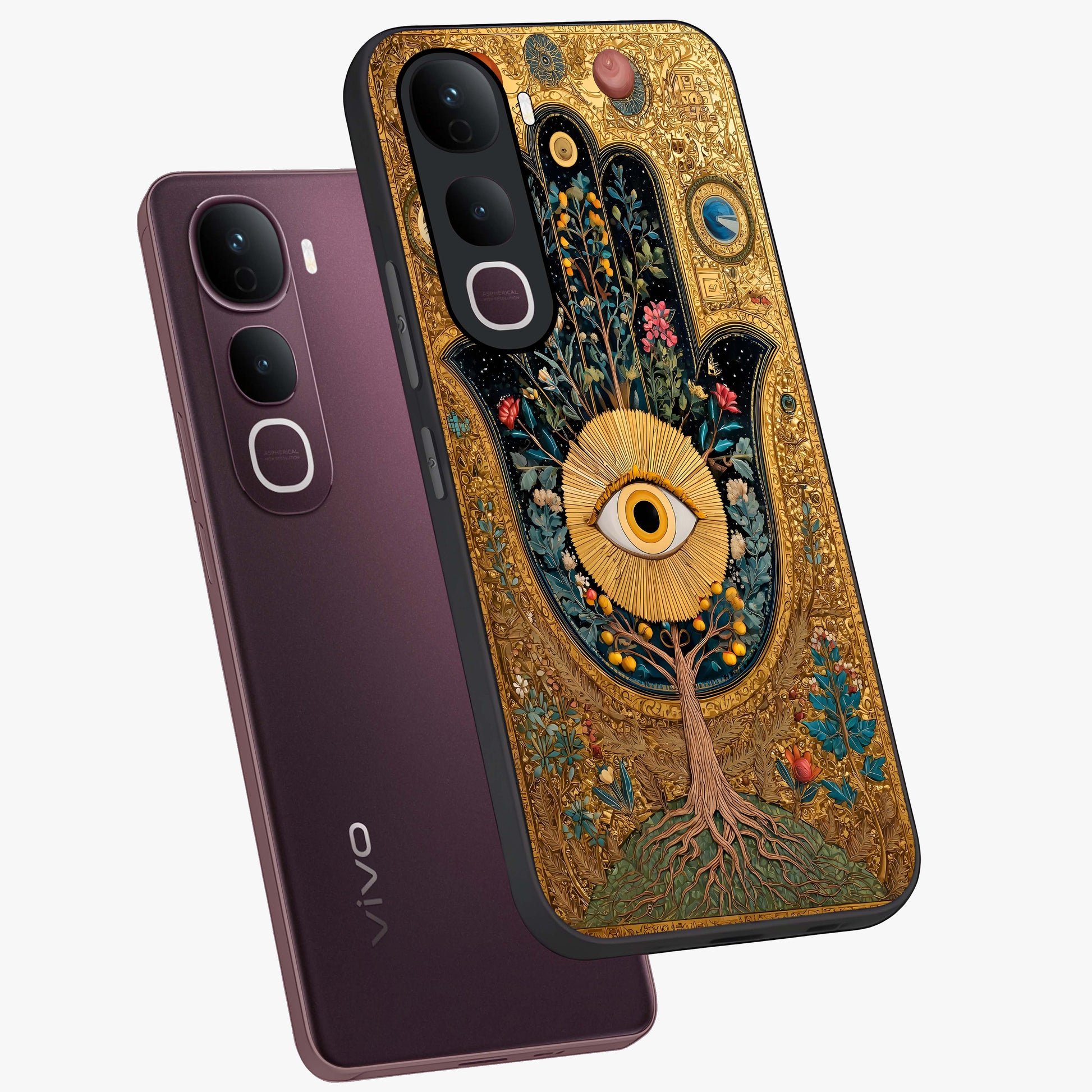 Ethereal Evil Eye Glass Case displayed in angled mockup highlighting protective evil eye symbol with spiritual aesthetic design.