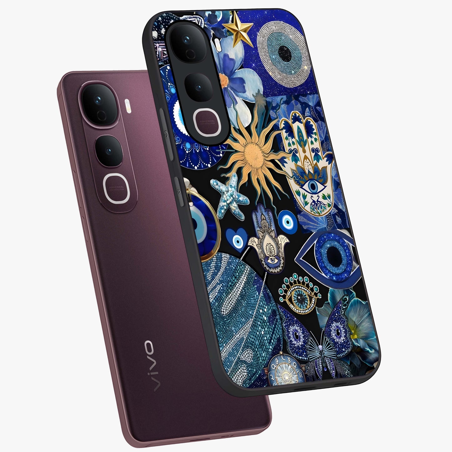 Evil Eye Charm Mix Glass Case displayed in angled mockup highlighting protective evil eye symbols with spiritual aesthetic design.