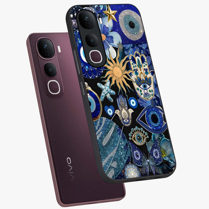 Evil Eye Charm Mix Glass Case displayed in angled mockup highlighting protective evil eye symbols with spiritual aesthetic design.