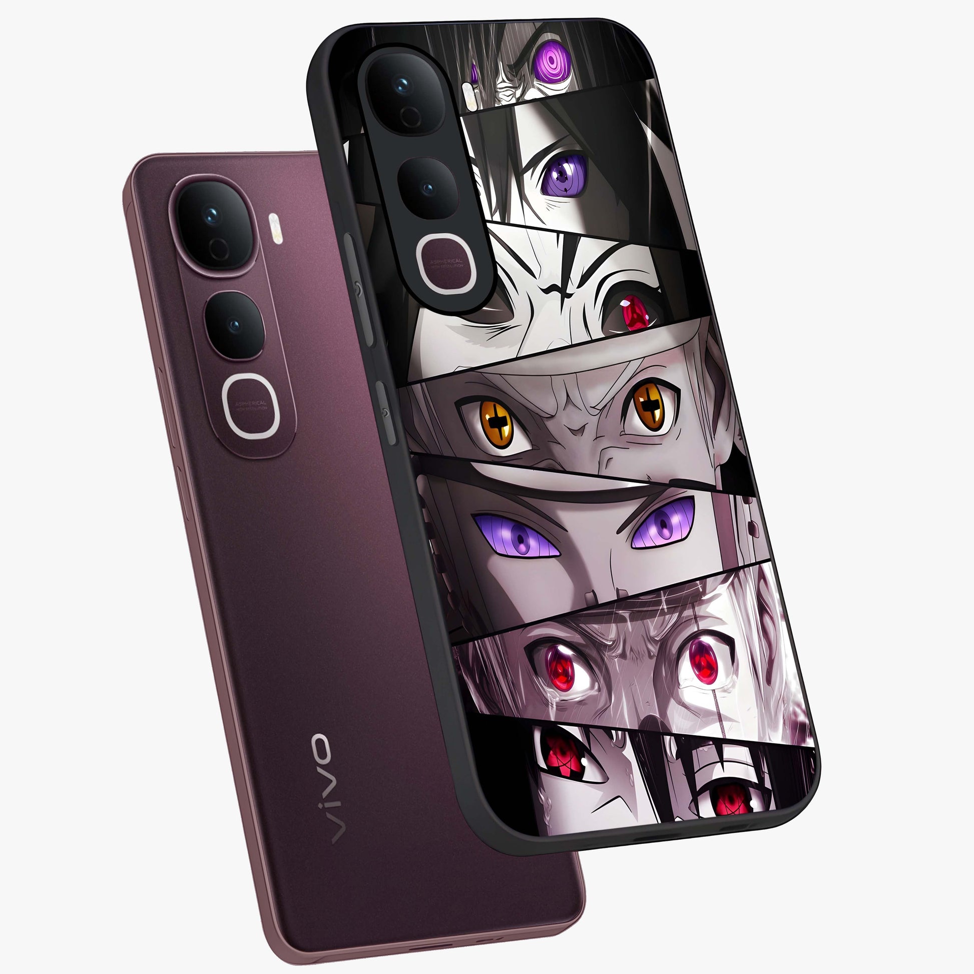 Eyes of Destiny Glass Case displayed in angled mockup highlighting bold eye illustration with mystical aesthetic style.