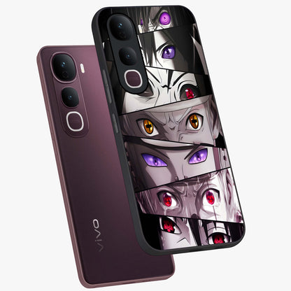 Eyes of Destiny Glass Case displayed in angled mockup highlighting bold eye illustration with mystical aesthetic style.