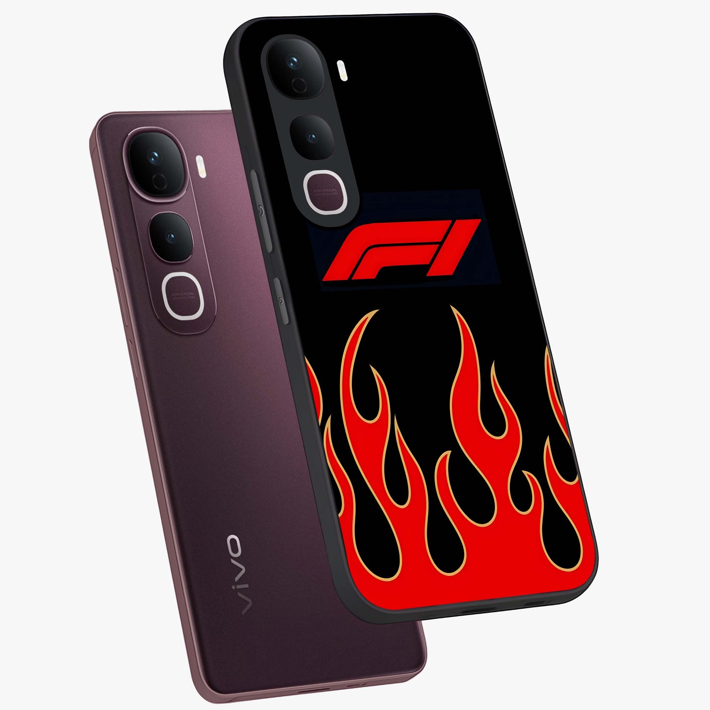 Fire F11 Glass Case displayed in angled mockup highlighting bold fire inspired graphic with energetic aesthetic style.