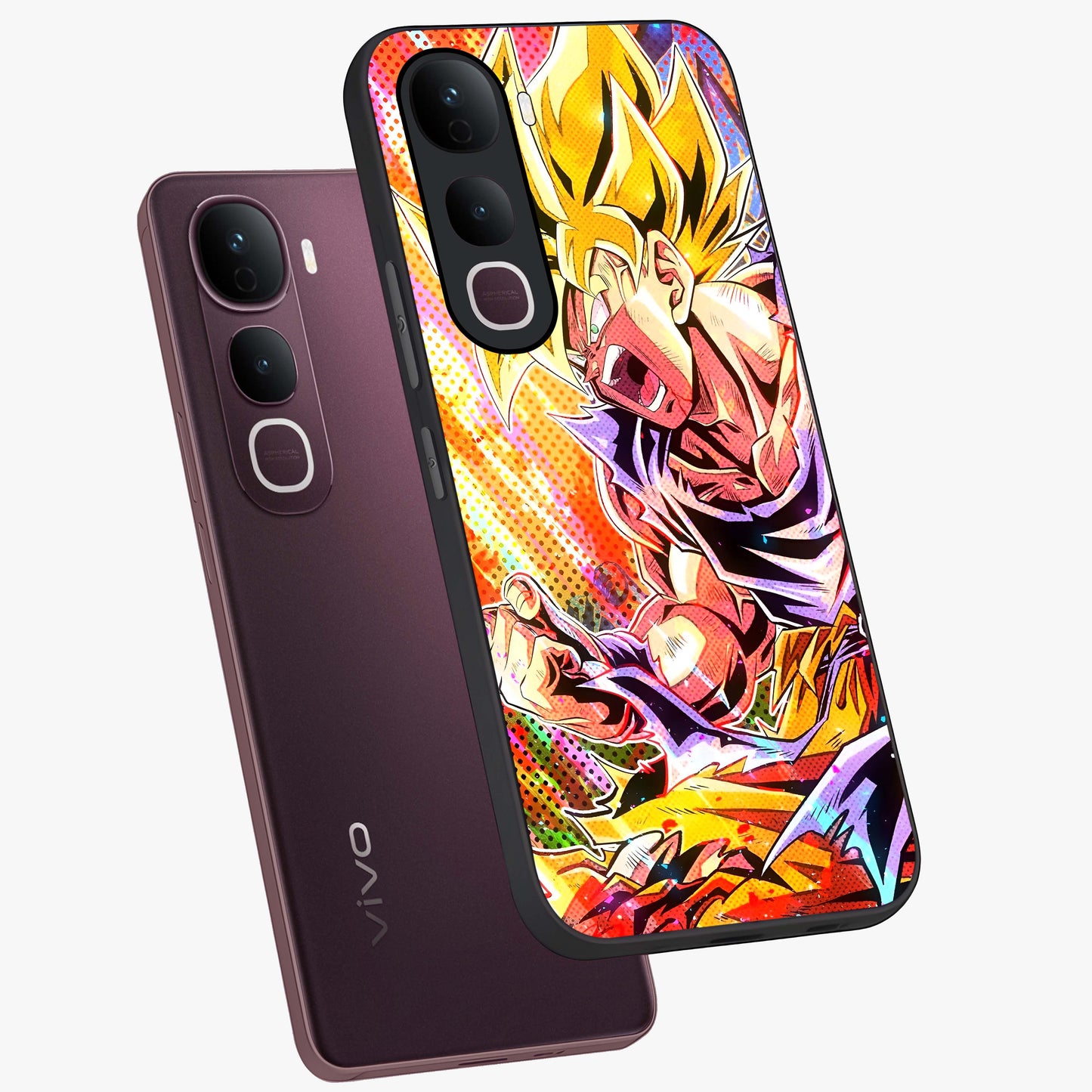 Firing Goku Glass Case displayed in angled mockup highlighting dynamic anime character design with action aesthetic.