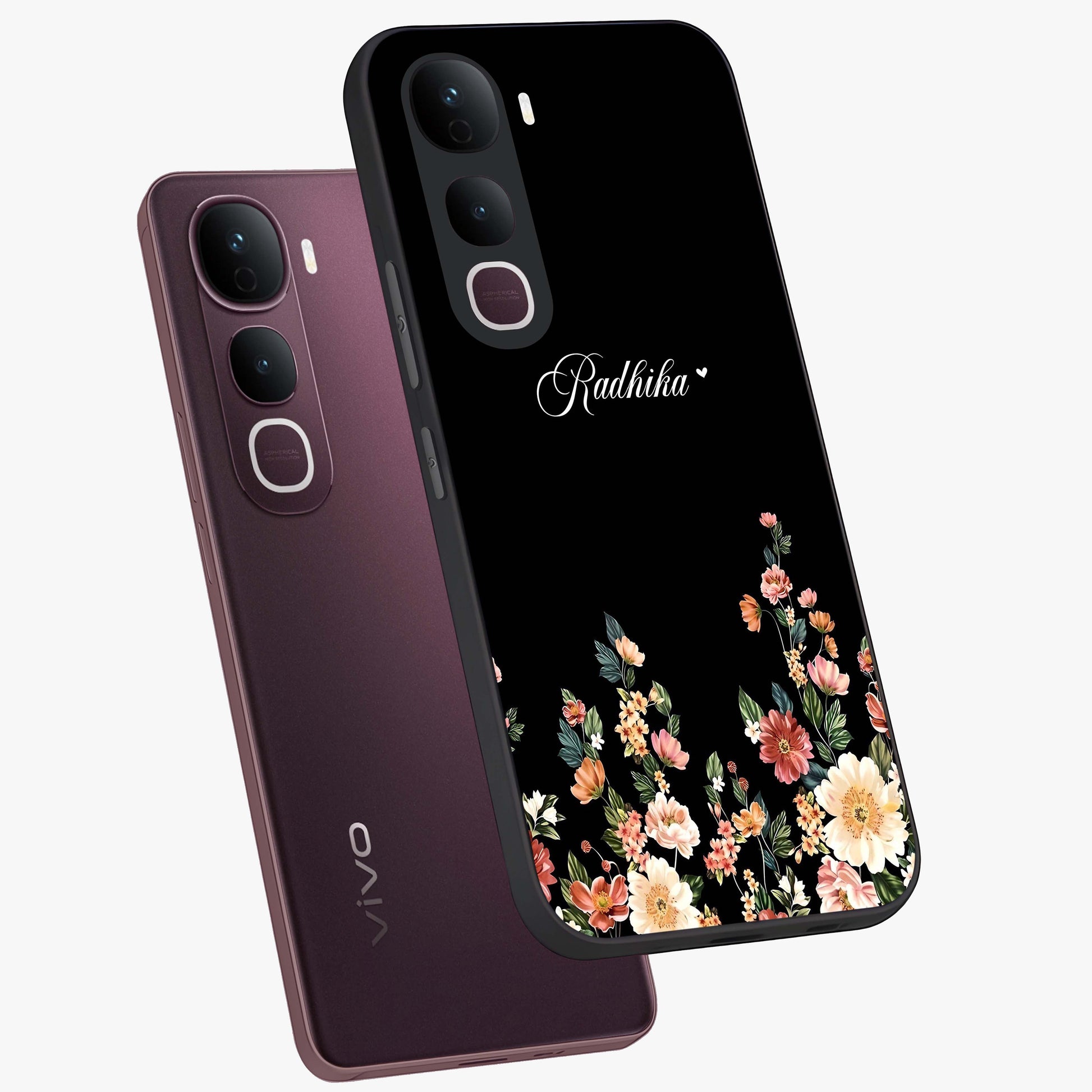 Floral Design With a Custom Personalized Name Glass Case displayed in angled mockup highlighting elegant floral pattern with custom name feature.
