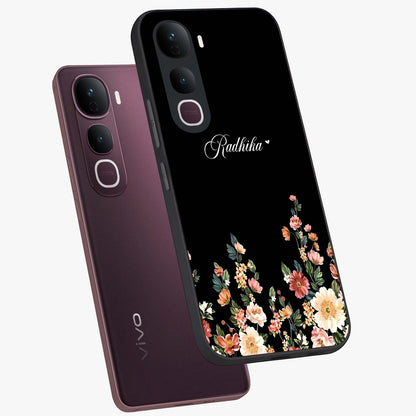 Floral Design With a Custom Personalized Name Glass Case displayed in angled mockup highlighting elegant floral pattern with custom name feature.