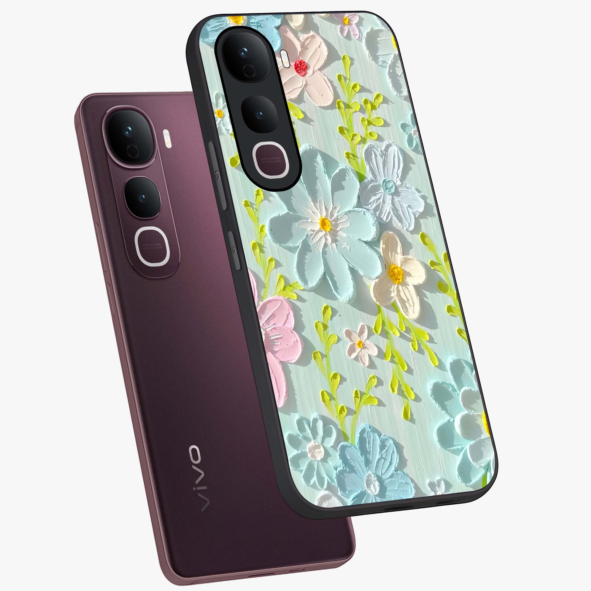 Frosted Petal Garden Glass Case displayed in angled mockup highlighting delicate flower petal design with calm garden aesthetic.