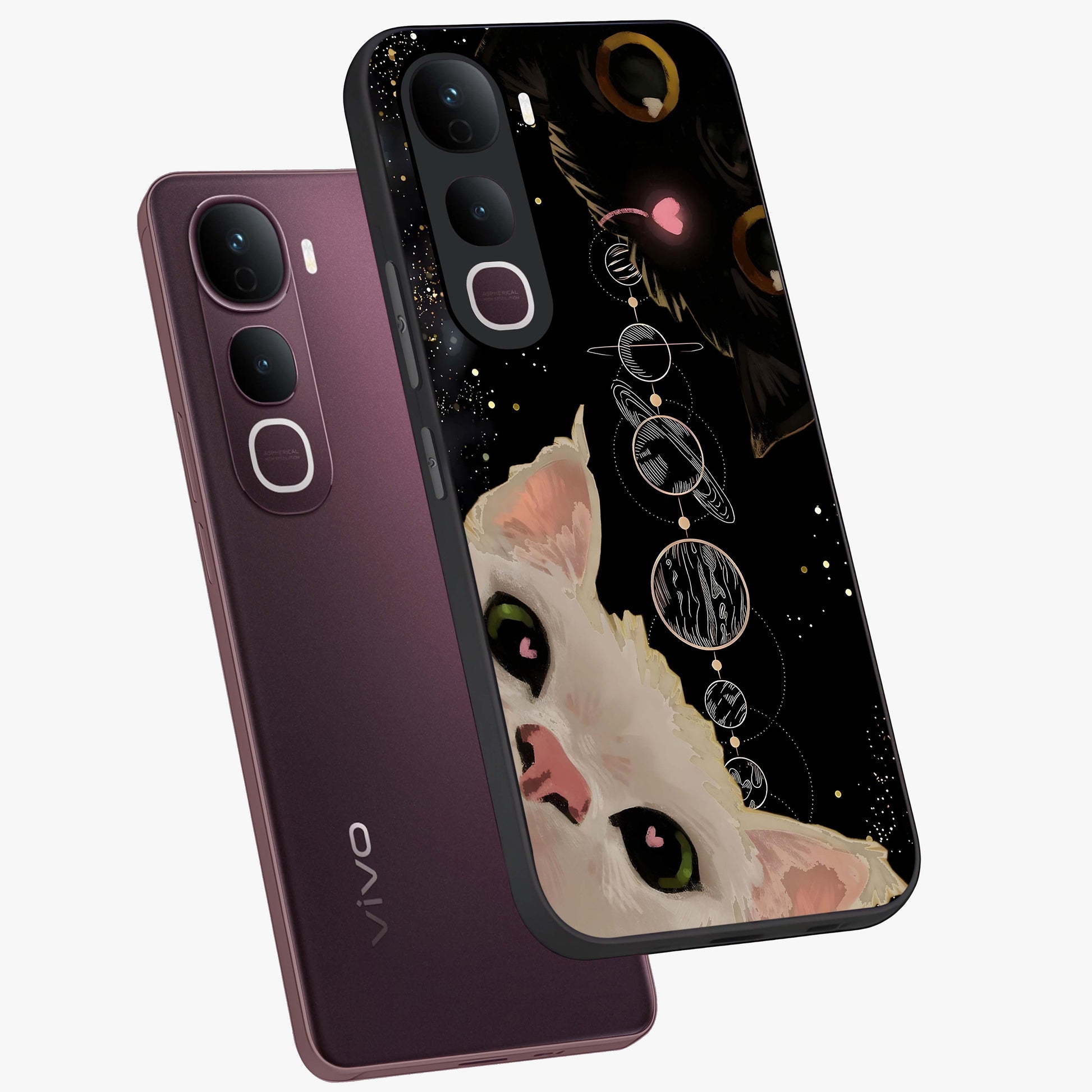 Galactic Cat Glass Case displayed in angled mockup highlighting celestial feline illustration with galaxy aesthetic style.