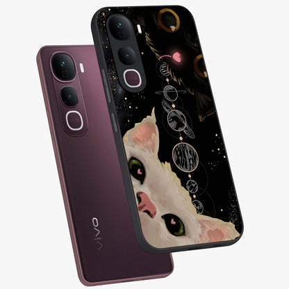 Galactic Cat Glass Case displayed in angled mockup highlighting celestial feline illustration with galaxy aesthetic style.
